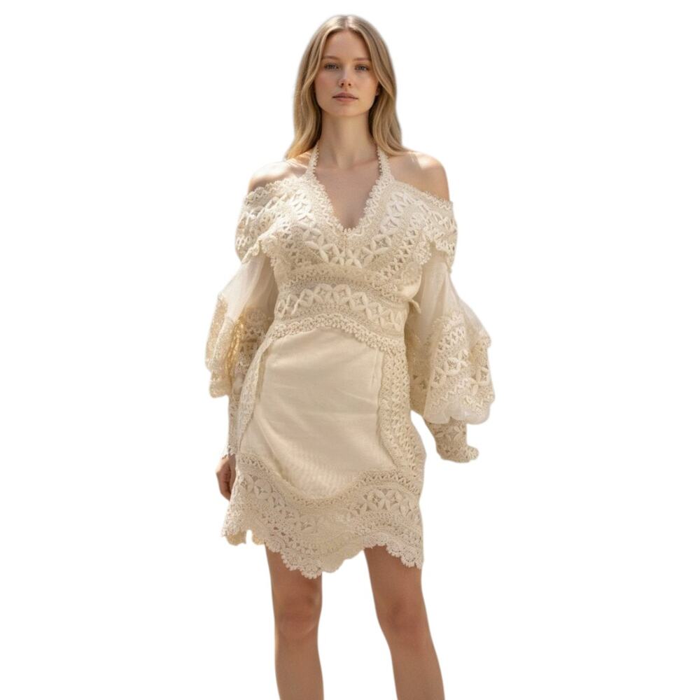 Zimmermann Postcard Embroidered Linen Silk Off Shoulder Mini Dress Cream Size 2